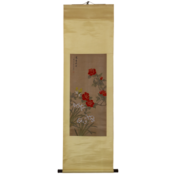 Original japanisches Rollbild mit Vögeln und Blüten – ca. 168,5 cm 
